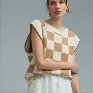 Maeve Checkerboard Knit Sweater Vest in Cream & Tan / Medium